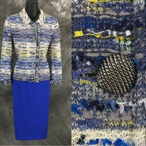 BEAUTIFUL St John knit blue multi jacket skirt suit size 2 4